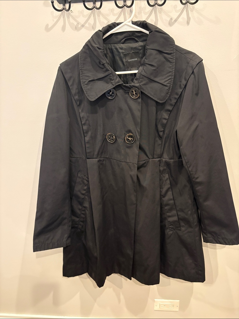 Express Black Double-Breasted Trench Coat with Wide Collar